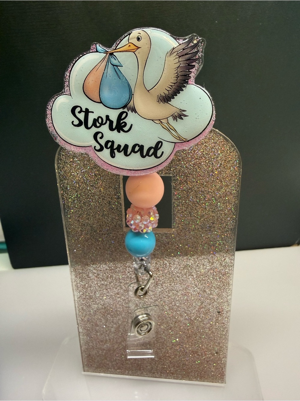 Stork Squad Glitter Badge Reel with Beaded Dangle - Pink & Blue